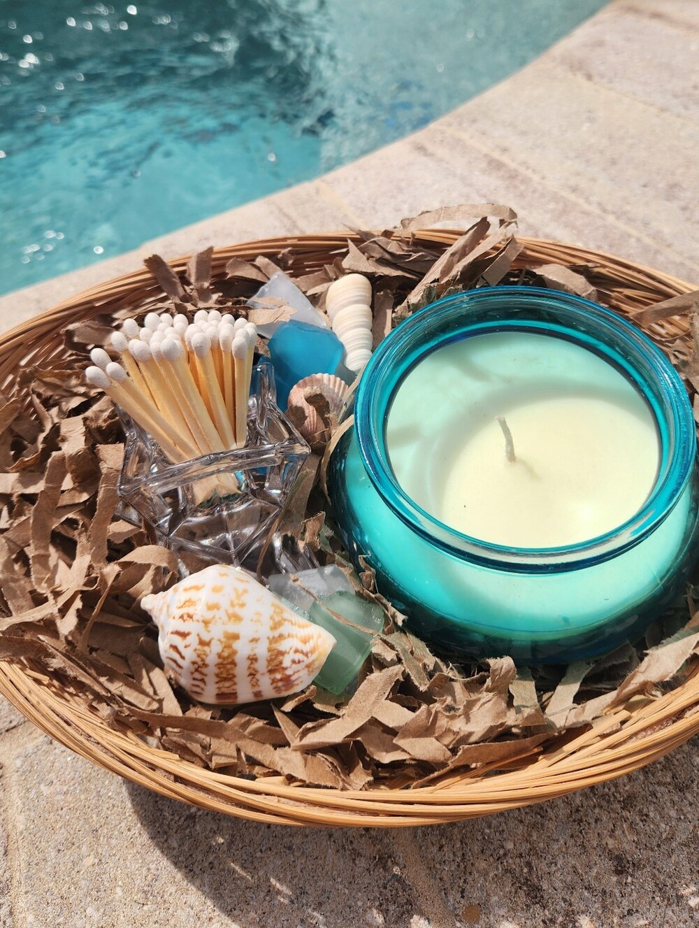 Coastal Decor Aqua Glass Candle Upcycled Vintage Matchstick Holder In Basket - Picture 2 of 5